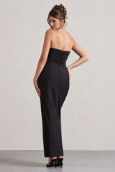 Black Bandeau Wrap Maxi Dress With Feather Trim